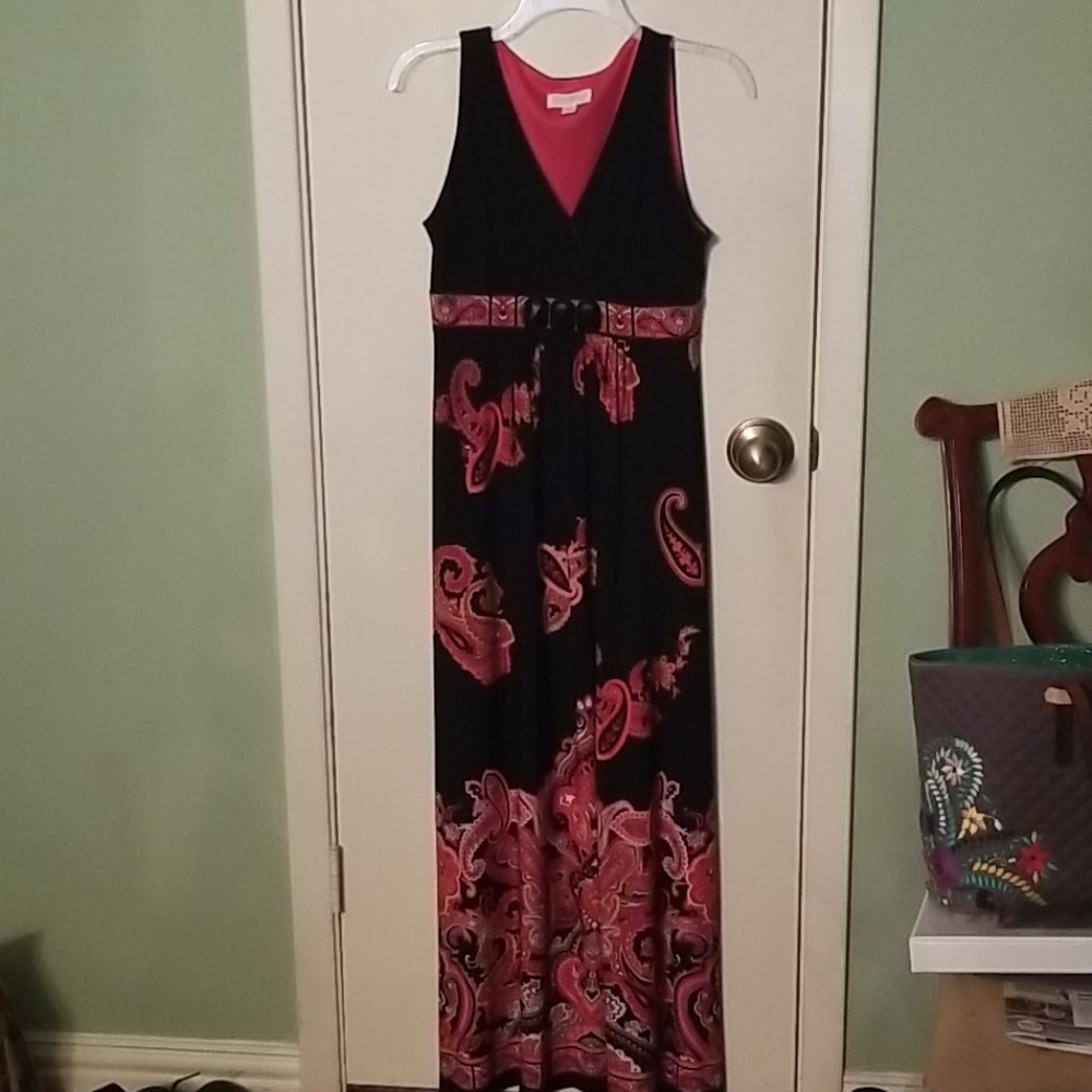 Dress.  Black background with red paisley print.
